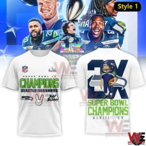 White Seattle Seahawks Super Bowl Champions shirt with front team graphics and cartoon player on back!