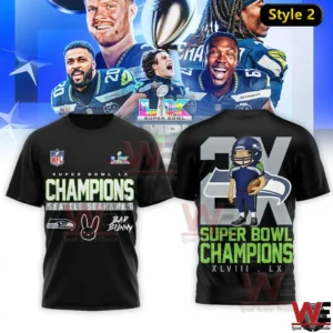 Black Seattle Seahawks Super Bowl Champions shirt with front graphics and cartoon player on back!