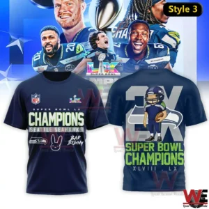 Navy Seattle Seahawks Super Bowl Champions shirt with front design and cartoon player on back!