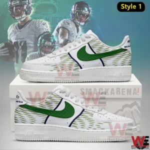 White sneakers with green accents inspired by Seattle Seahawks football team.