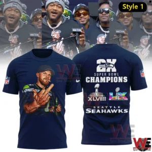 Navy Seattle Seahawks Two X Super Bowl Champions shirt with player illustration on front and championship text on back!