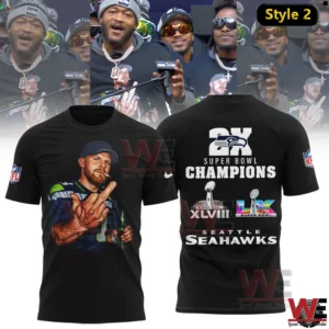 Black Seattle Seahawks Two X Super Bowl Champions shirt with player image and championship design!