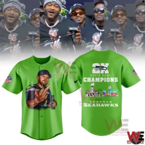 Green Seattle Seahawks polo shirt with player graphic on front and Super Bowl Champions text on back