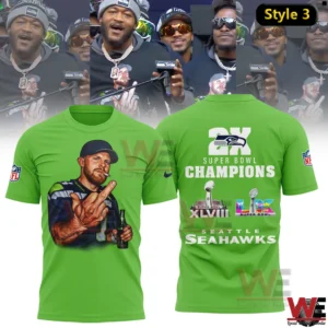 Green Seattle Seahawks baseball style shirt with player image and Super Bowl Champions back print ``