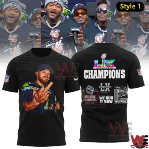 Black Seattle football champions shirt with player illustration on front and champions design on back!