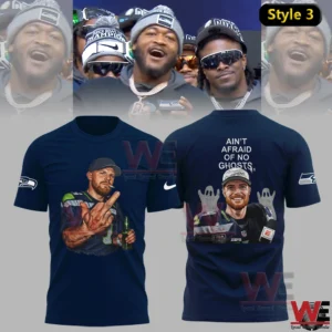 Navy Seattle football shirt with illustrated player on front and fearless message on back!