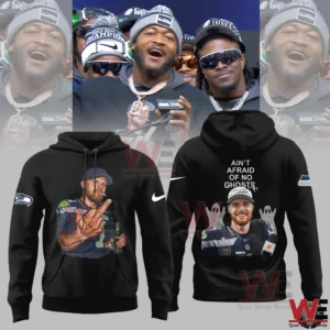 Black Seattle football hoodie with player illustration on front and bold message on back!