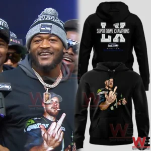 Black Seattle Seahawks Super Bowl LX Champions hoodie with large player graphic on front and championship text on back!