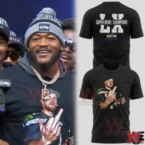 Black Seattle Seahawks Super Bowl LX Champions shirt with large player image on front and championship text on back!