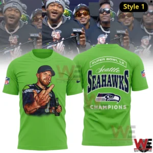 Green Seattle Seahawks Super Bowl LX Champions shirt with player illustration on front and team championship print on back.