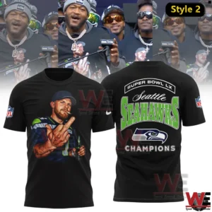 Black Seattle Seahawks Super Bowl LX Champions shirt with player artwork on front and championship design on back.