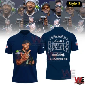 Navy Seattle Seahawks Super Bowl LX Champions polo with player illustration on front and team championship print on back.