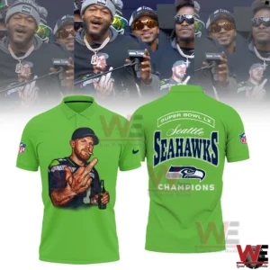 Green Seattle Seahawks Super Bowl LX Champions polo with player artwork on front and championship graphic on back.