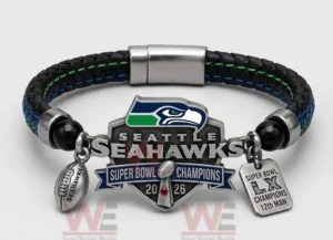 Close up Seattle Seahawks Super Bowl champions bracelet with logo and charm details!