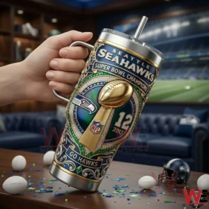 Seattle Seahawks Super Bowl champions tumbler held in a hand with football themed background!