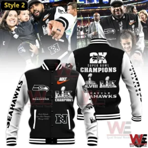Seattle Seahawks Super Bowl LX Champions black and white varsity jacket with large back design!