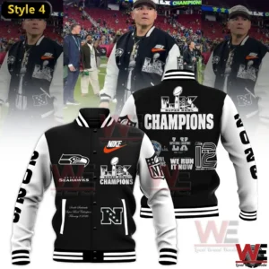 Black and white Seattle Seahawks Super Bowl LX Champions jacket with bold back text design!