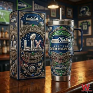 Seattle Seahawks champions tumbler with display box on wooden table!