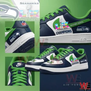Blue green and white Nike Air Force sneakers with Seattle Seahawks Super Bowl Champions graphics!