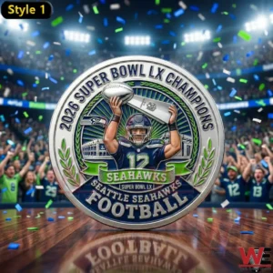 Commemorative coin showing Seattle Seahawks player holding Super Bowl trophy in a stadium with cheering fans!