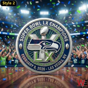 Commemorative coin with Seattle Seahawks logo and Super Bowl LX 2026 details in a stadium setting!