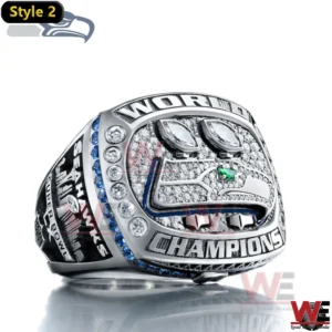 Silver Seattle Seahawks Champions ring with diamond details and blue accent stones.