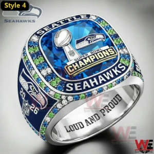Silver and blue Seattle Seahawks Super Bowl Champions ring with Loud and Proud engraved inside.