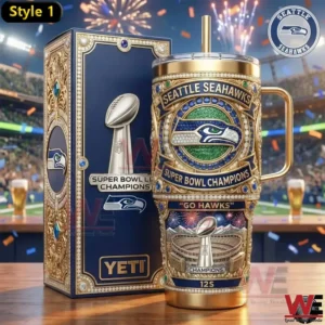 Ornate Seattle Seahawks Super Bowl LX champion Yeti tumbler with decorative collector box in stadium setting!