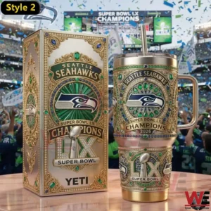 Gold and green Seattle Seahawks Super Bowl LX champion Yeti tumbler with matching decorative box in stadium celebration scene!