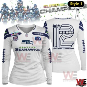 White Seattle Seahawks womens long sleeve shirt with Super Bowl LX Champions design and number twelve on back!