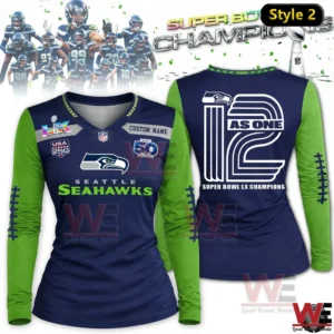 Navy and green Seattle Seahawks womens long sleeve shirt with Super Bowl LX Champions number twelve design!