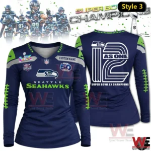 Navy Seattle Seahawks womens long sleeve shirt with green accents and Super Bowl LX Champions twelve design!