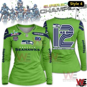 Green Seattle Seahawks womens long sleeve shirt with Super Bowl LX Champions twelve design on back!