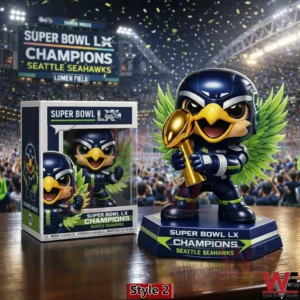 Seattle Seahawks eagle mascot figure holding Super Bowl LX trophy in a stadium!