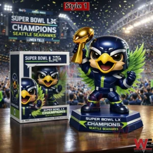 Seattle Seahawks eagle mascot figure celebrating with Super Bowl LX trophy!