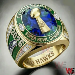 Seattle Seahawks Super Bowl championship ring with gold design and trophy emblem!