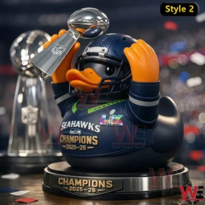 A stylized rubber duck wearing a football helmet and holding a championship trophy!