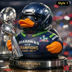 A rubber duck in football gear holding a championship trophy on a display base!
