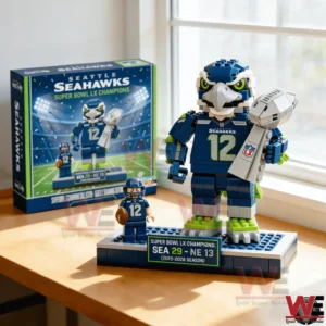 Brick built Seattle Seahawks mascot and player with Super Bowl champions display and product box.