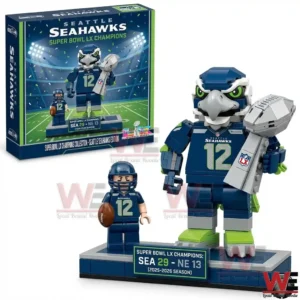 Seattle Seahawks brick mascot and player with Super Bowl champions base and box on white background.