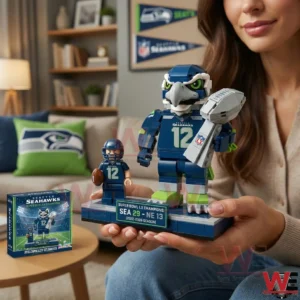 Woman holding Seattle Seahawks Super Bowl champions brick display in a living room.