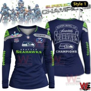 Navy Seattle Seahawks Super Bowl LX Champions womens long sleeve V neck shirt front and back view!
