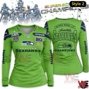 Green Seattle Seahawks Super Bowl LX Champions womens long sleeve V neck shirt front and back view!