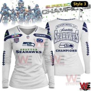 White Seattle Seahawks Super Bowl LX Champions womens long sleeve V neck shirt front and back view!