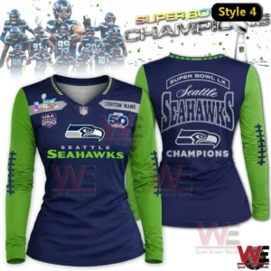 Navy and green Seattle Seahawks Super Bowl LX Champions womens long sleeve V neck shirt front and back view!