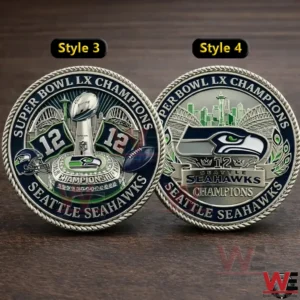 Two Seattle Seahawks Super Bowl LX Champions commemorative coins labeled Style 3 and Style 4 displayed side by side.