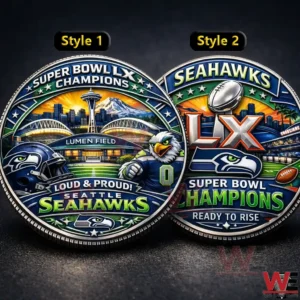 Two colorful Seattle Seahawks Super Bowl LX Champions commemorative coins labeled Style 1 and Style 2.