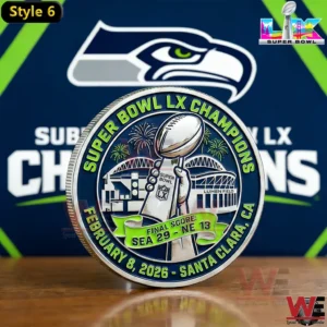 Seattle Seahawks Super Bowl LX Champions Style 6 commemorative coin with trophy and final score details.