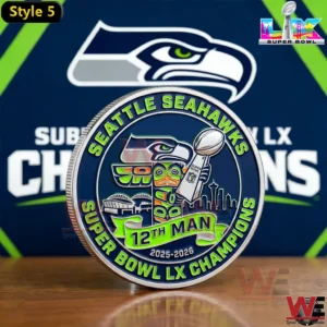 Seattle Seahawks Super Bowl LX Champions Style 5 commemorative coin featuring the 12th Man and team logo.