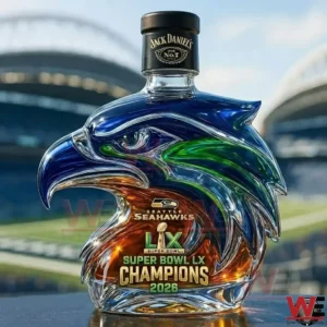 Seahawks hawk shaped glass bottle with a black cap and Super Bowl LX Champions 2026 text in front of a stadium!